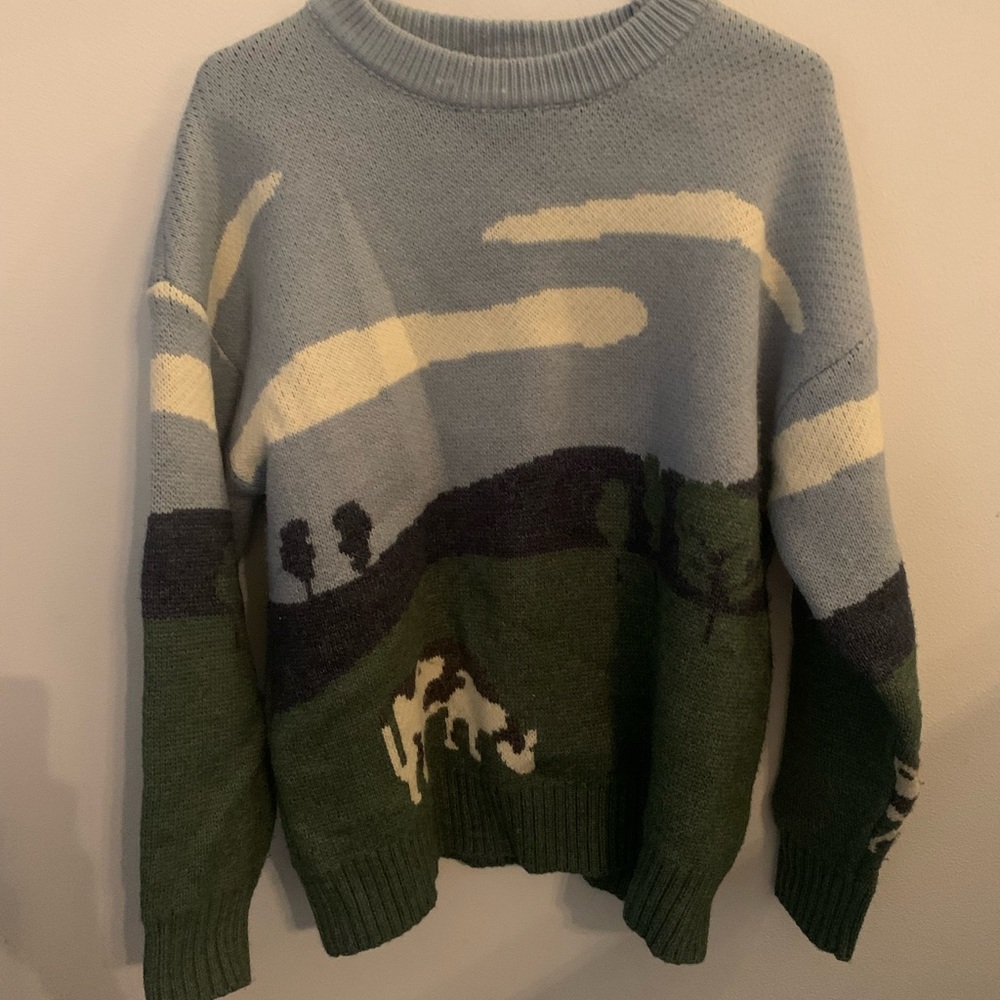 Blue and Green Crewneck Sweater with Color-Block Design